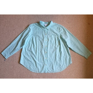 Womens Top-J JILL-aqua cotton floral/paisley embroidery button-up Cottagecore-2X
